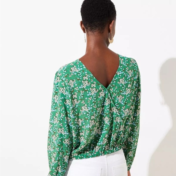 LOFT Green and White Puff Sleeve Wrap Crop Blouse - Picture 5 of 6